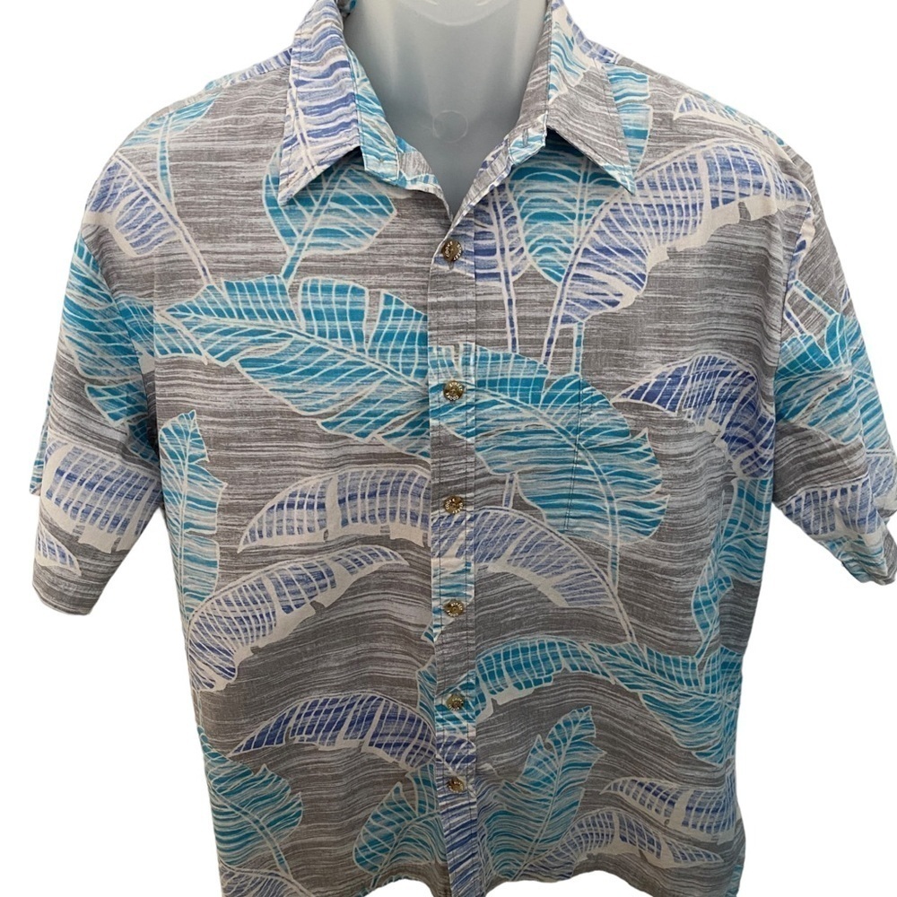 COOKE STREET Honolulu Grey & Blue Tropical Aloha Hawaiian Shirt Men L Large